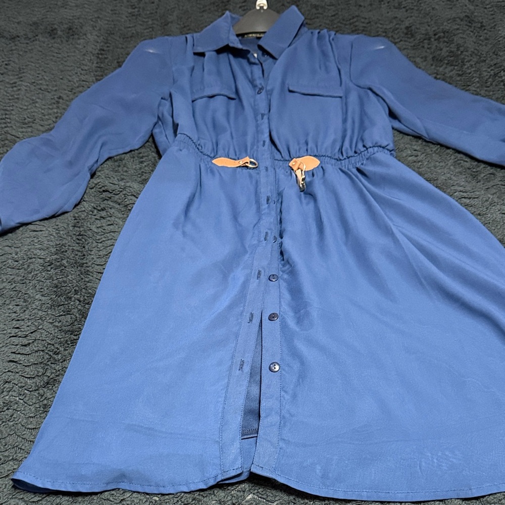 Chic Blue Long Sleeve Dress with Orange Accents
